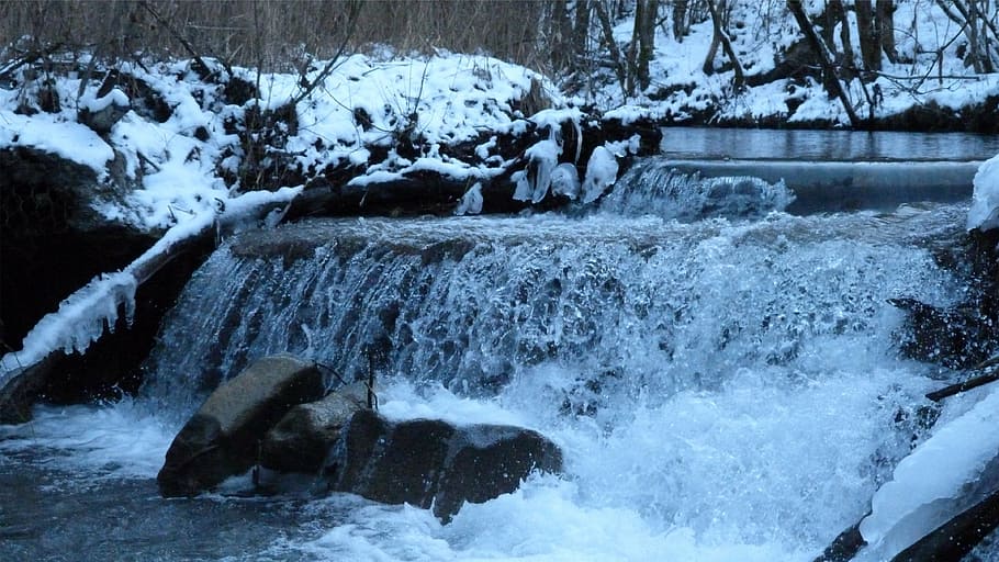 river, waterfall, current, nature, winter, snow, cold temperature HD wallpaper