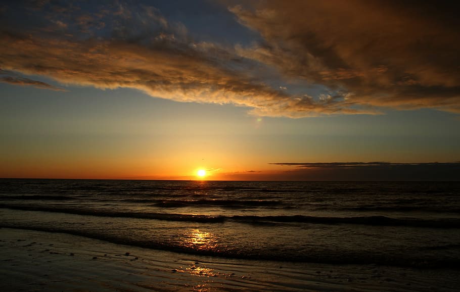 sun, clouds, sunset, sky, sea, water, scenics - nature, horizon HD wallpaper