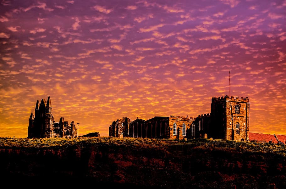 sunset, abbey, sky, fire, red, yellow, weather, architecture HD wallpaper