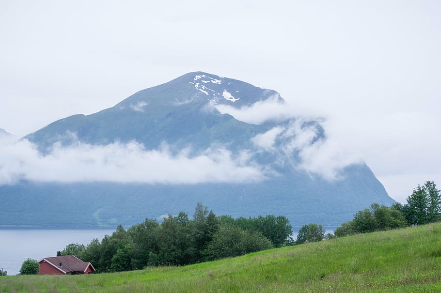 mountain, lake, weather, clouds, grey, hill, grass, meadow HD wallpaper