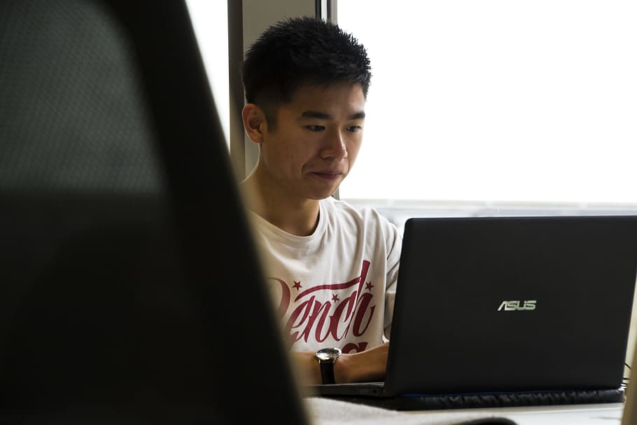 man sitting while using Asus laptop, man using laptop, Developer HD wallpaper