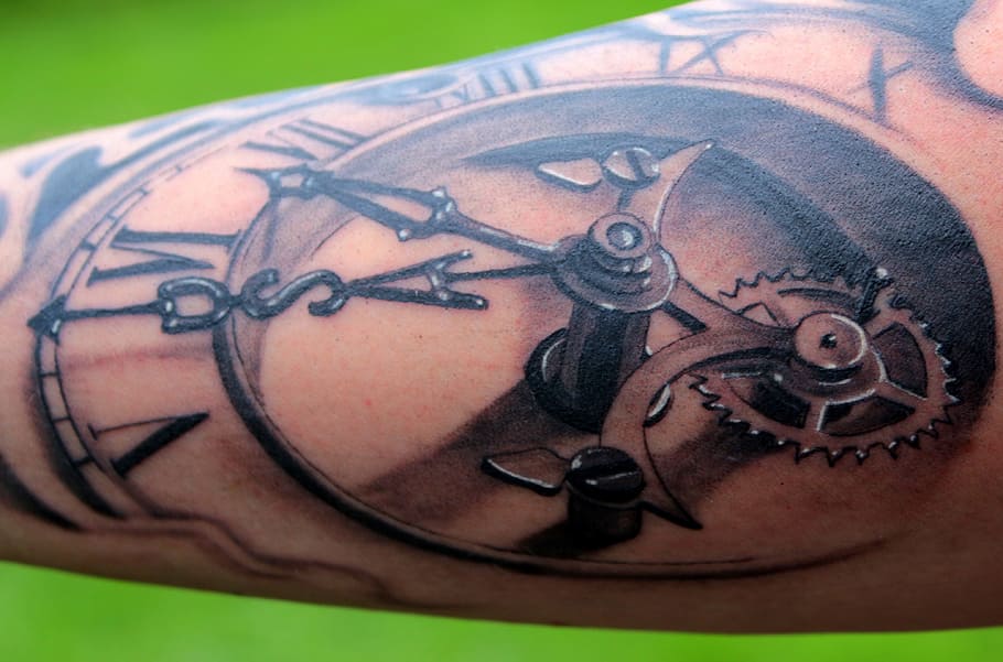 close-up photography of human arm with mechanical clock tattoo, HD wallpaper