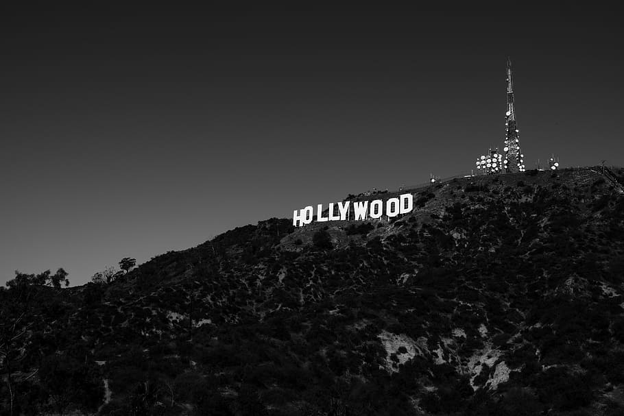 grey scale photography of Hollywood, black and white, font, signage