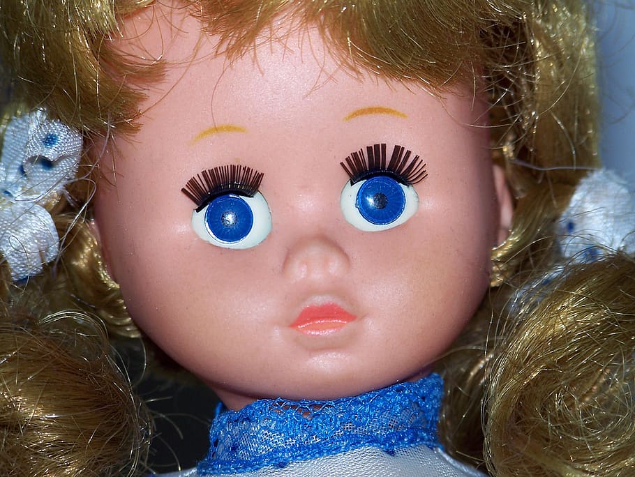 gold haired porcelain doll, face, head, eyes, blue, female HD wallpaper