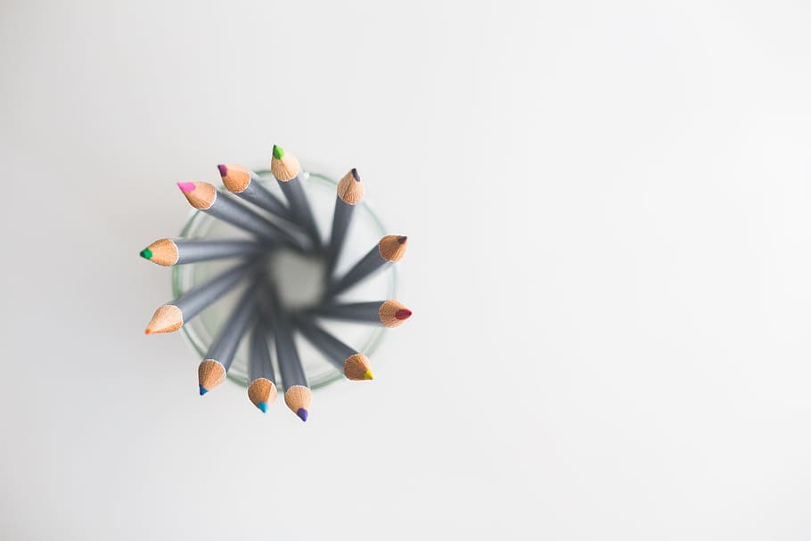Top view of colored pencils, coloured, crayons, drawing, painting HD wallpaper