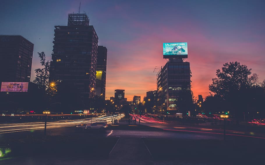 city buildings during sunset, time lapse photography of street and buildings during sunset, HD wallpaper