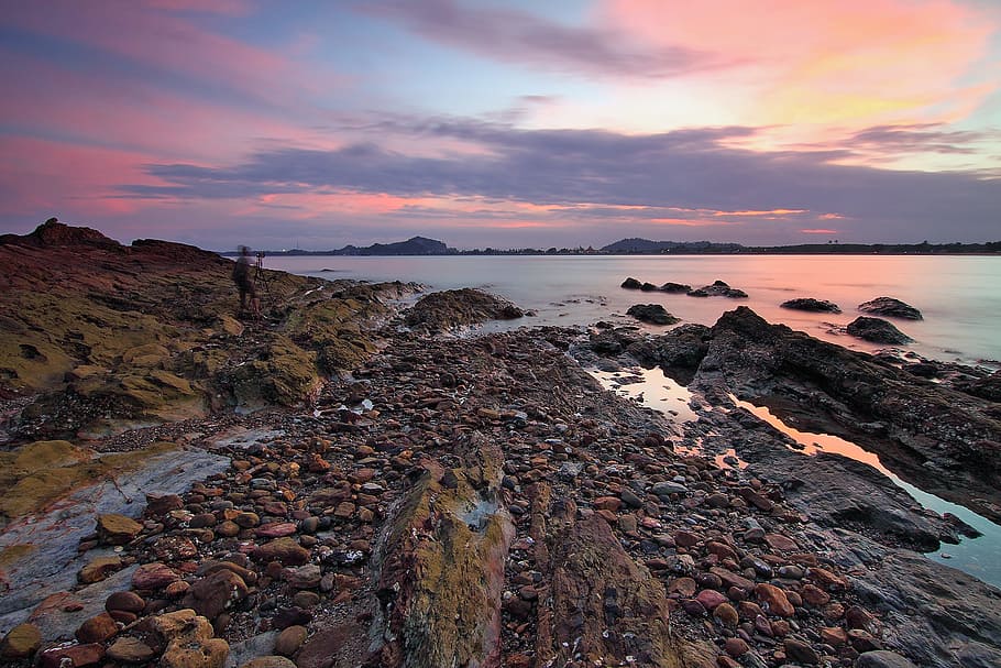 sea, dawn, landscape, nature, beach, blur, clouds, moss, ocean HD wallpaper