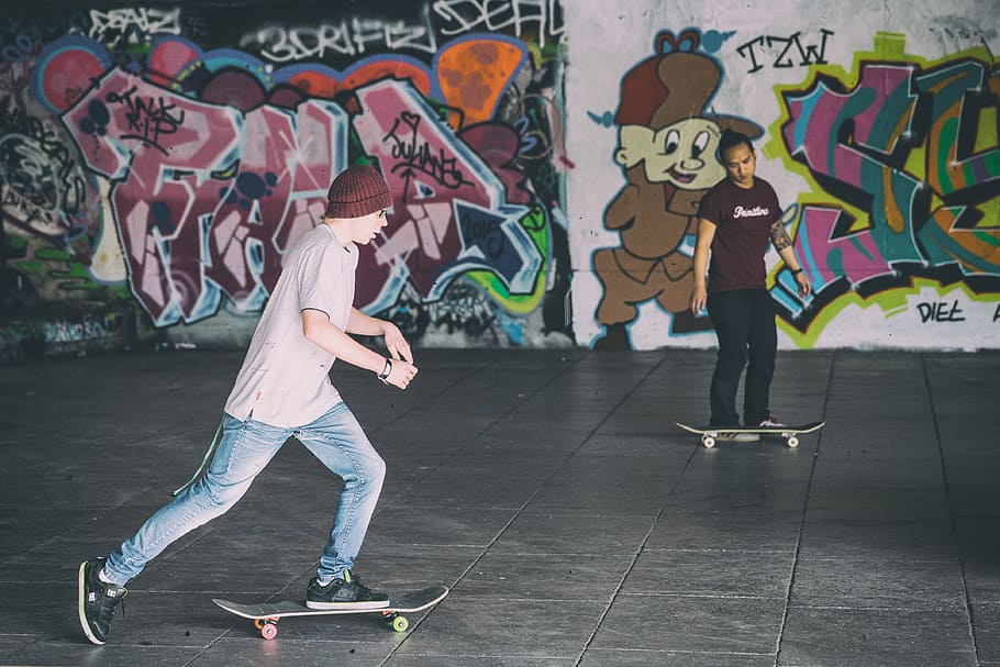 Two skateboarders in action, captured on the Southbank in London, England. Image shot with a Canon 6D DSLR, HD wallpaper