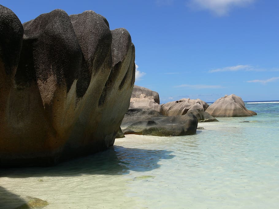 seychelles, beach, rocks, ocean, landscape, water, sky, sea HD wallpaper