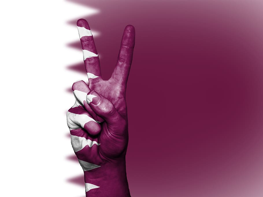 white and purple flag with peace hand sign, Qatar, Nation, Background