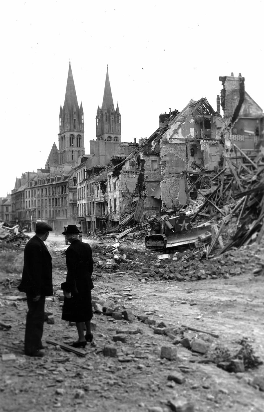 Ruins of Caen, France after World War II, destruction, photos
