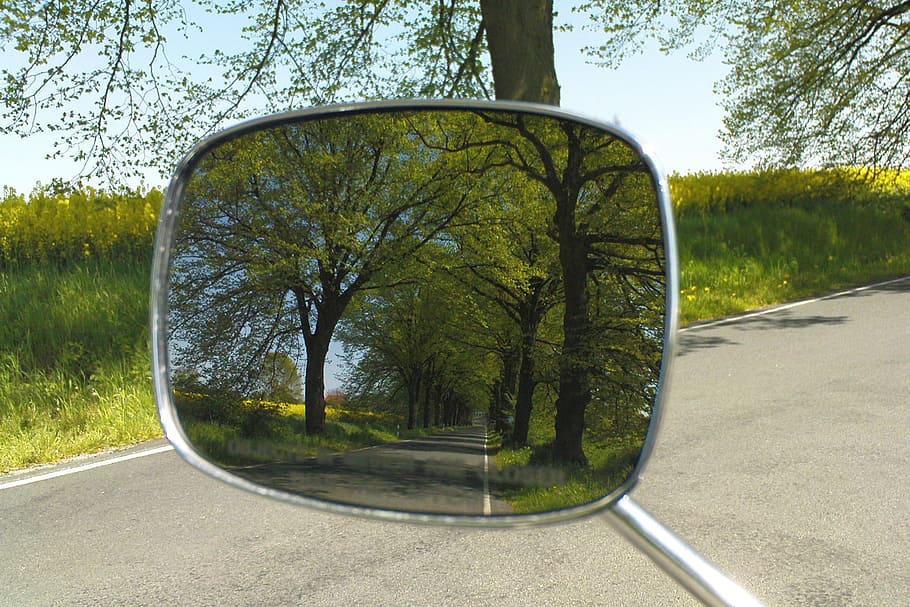 driving mirror, rear mirror, reflection, nature, tree, scenery HD wallpaper