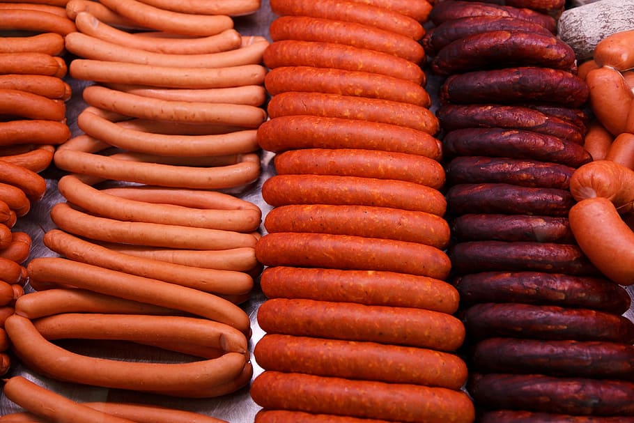pile of assorted sausages, pork, snack, meat, dog, food, delicatessen, HD wallpaper