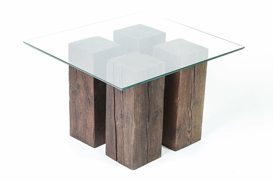 square clear glass table with brown base, timber, wood, wooden HD wallpaper