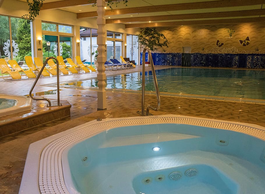 jetted hot tub beside pool inside building, hotel, water, resort HD wallpaper
