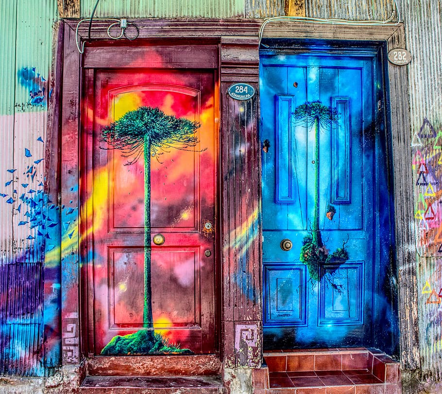 tree printed and multicolored closed doors, two red, blue, and green graffiti wooden 4-panel tree-printed doors HD wallpaper