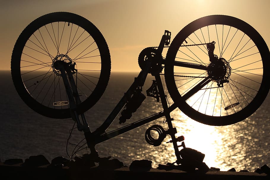 silhouette photography of bike near body of water, wheel, spoke, HD wallpaper