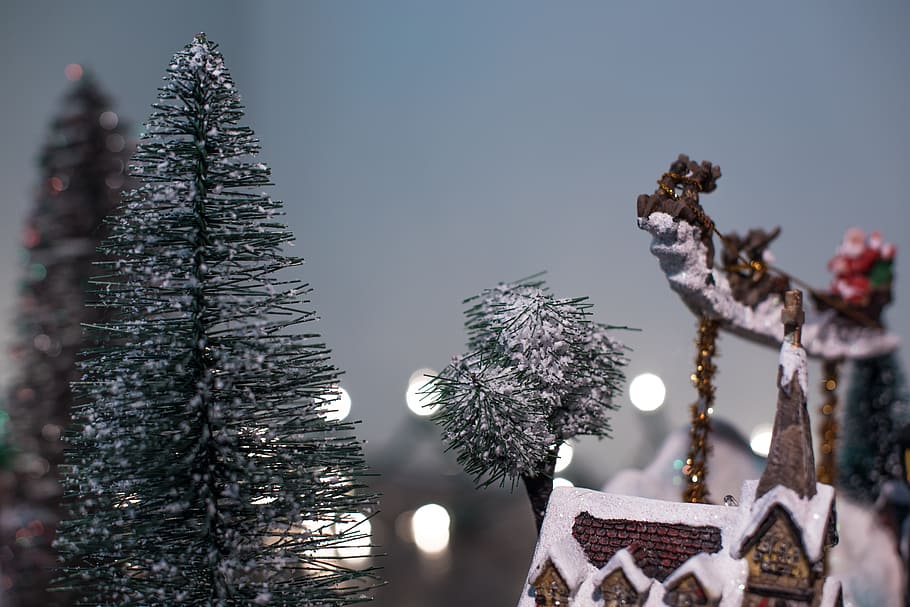 christmas, tree, house, winter, snow, toy, display, bokeh, plant HD wallpaper