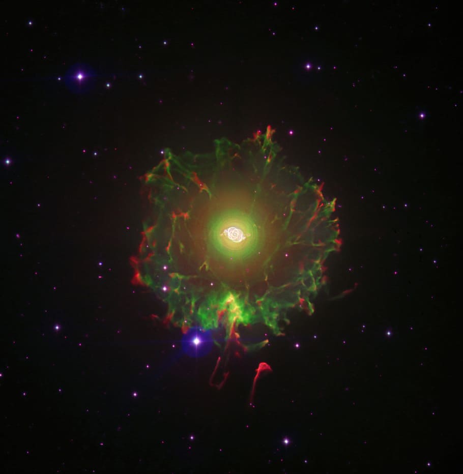 green and red Nebula, cat's eye nebula, ngc 6543, planetary fog, HD wallpaper