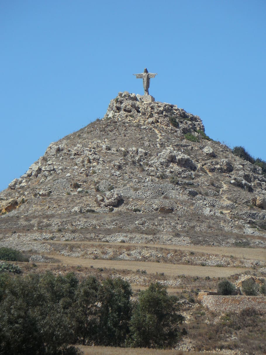 mountain, statue, summit, jesus, gozo, christianity, believe HD wallpaper