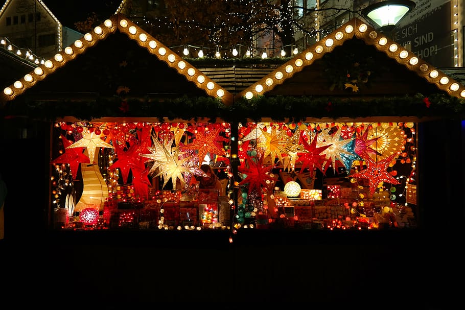 house with string lights and Christmas decor, christmas market