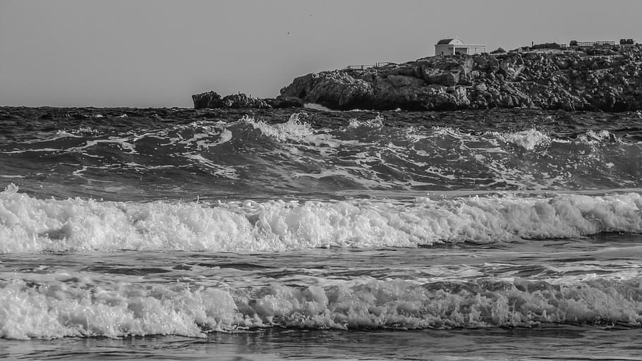 sea, waves, scenery, cape, chapel, rocks, beach, shore, scenic HD wallpaper
