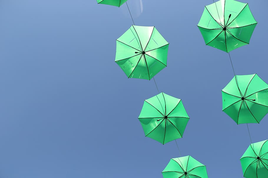 low-up photography of green umbrellas, sky, blue, paper, hanging HD wallpaper