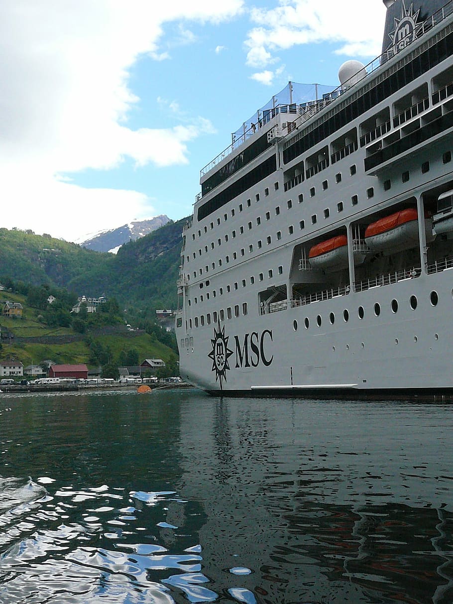 geirangerfjord, norway, ship, cruise ship, large, scandinavia, HD wallpaper