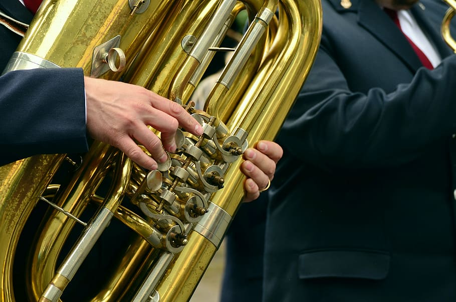 person holding French horn, hands, musical instrument, tuba, brass band