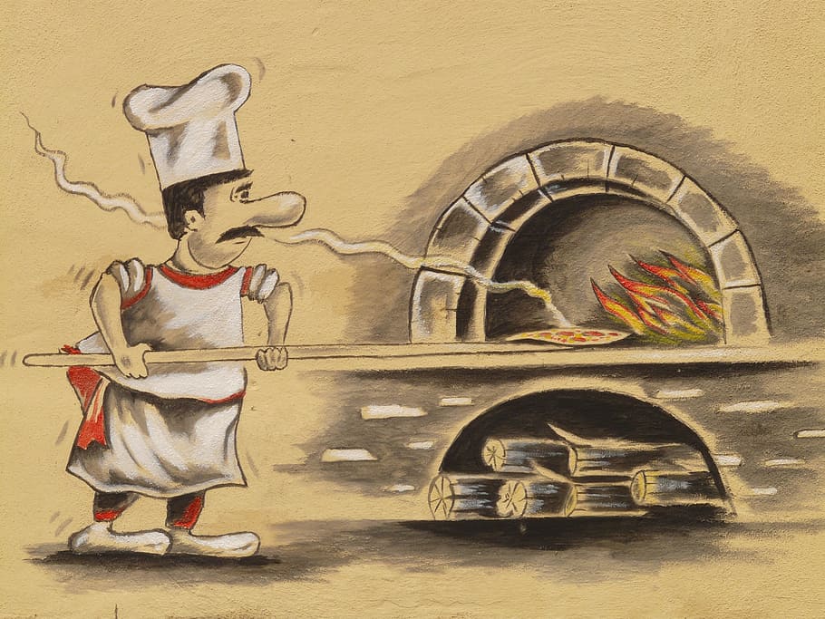 painting of chef cooking pizza, pizza maker, pizzeria, pizza oven