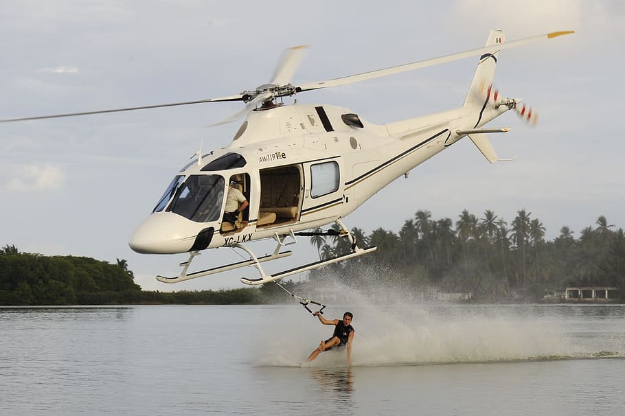 Helicopter, Man, Water, Ski, skiing, lake, sky, clouds, trees HD wallpaper