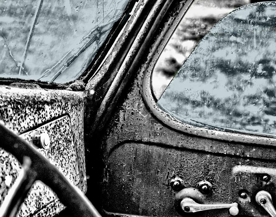 grayscale photography of car side door, oldtimer, window, vintage HD wallpaper