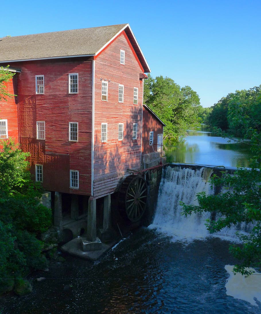 wisconsin, building, mill, stream, lake, water, summer, spring HD wallpaper