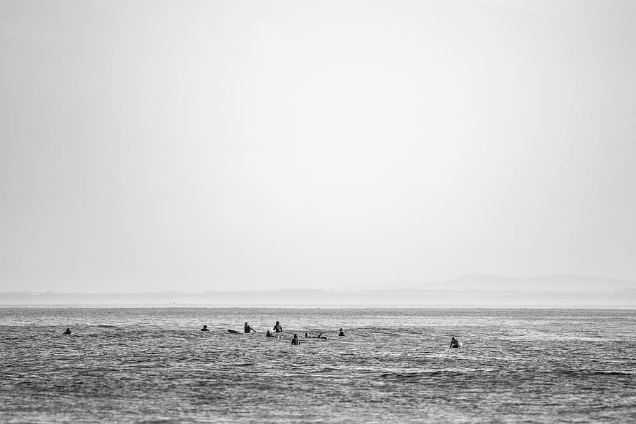 sea, ocean, water, waves, nature, black and white, people, swimming HD wallpaper