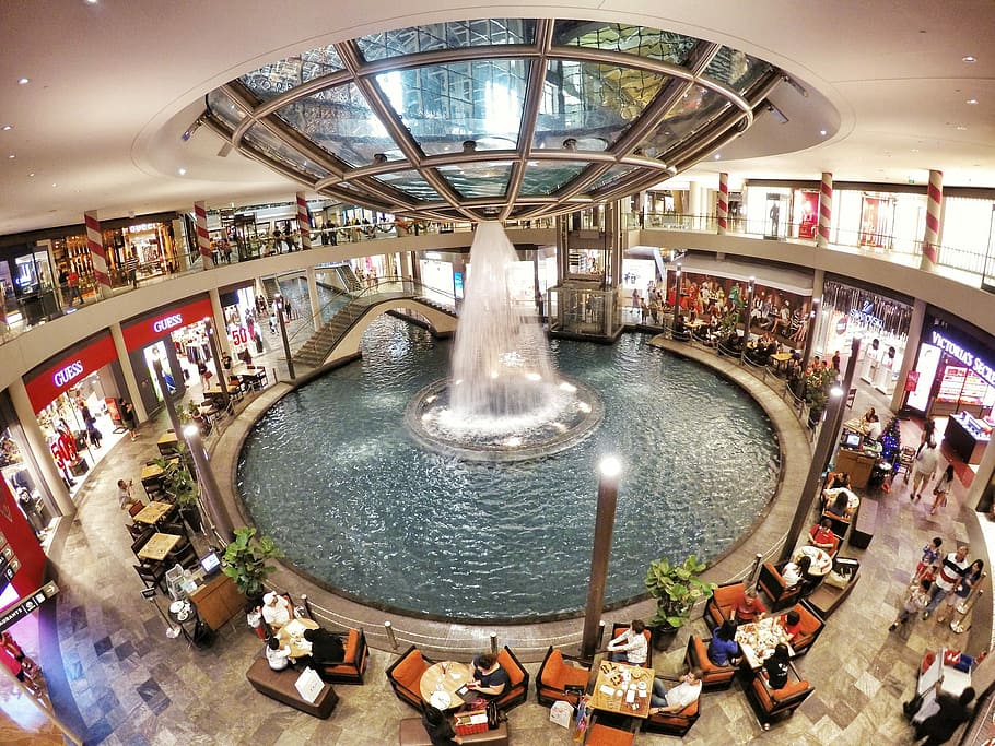 round water fountain inside restaurant, indoors, people, architecture HD wallpaper