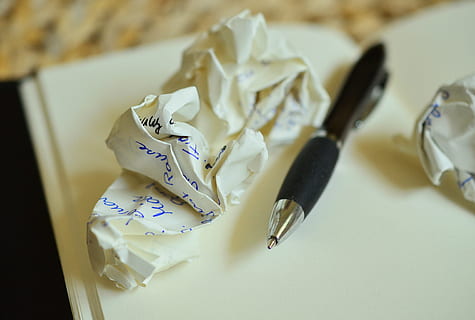black twist pen beside crumpled paper, leave, notes, paper ball HD wallpaper
