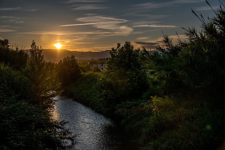 river during daytime, sunset, landscape, sky, sun sunset, summer HD wallpaper