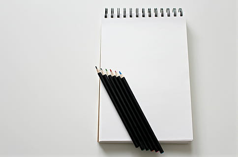 five assorted-color color pens on white spiral notebook, Paint HD wallpaper