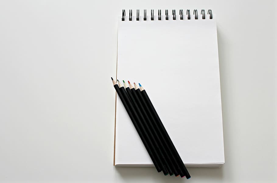 five assorted-color color pens on white spiral notebook, Paint HD wallpaper