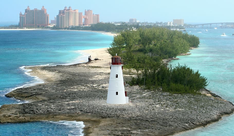 white and red lighthouse, bahamas, nassau, island, atlantis, hotel, HD wallpaper