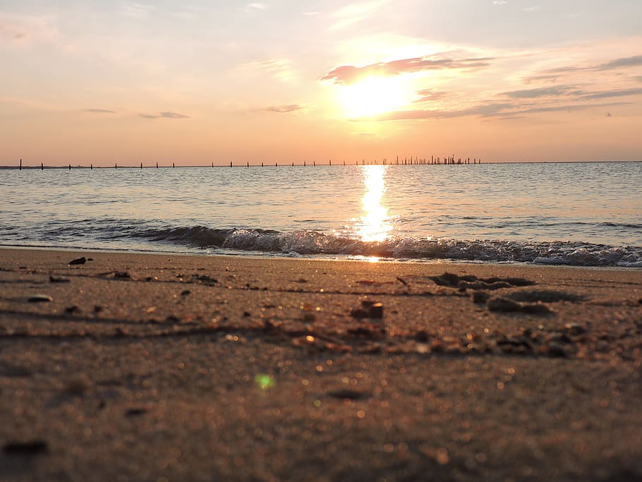 sea, dawn, nature, sky, bay, beach, clouds, dusk, horizon, idyllic HD wallpaper