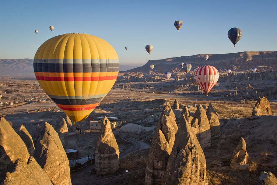 thirteen air balloons, hot air balloons on the sky, mountain, HD wallpaper