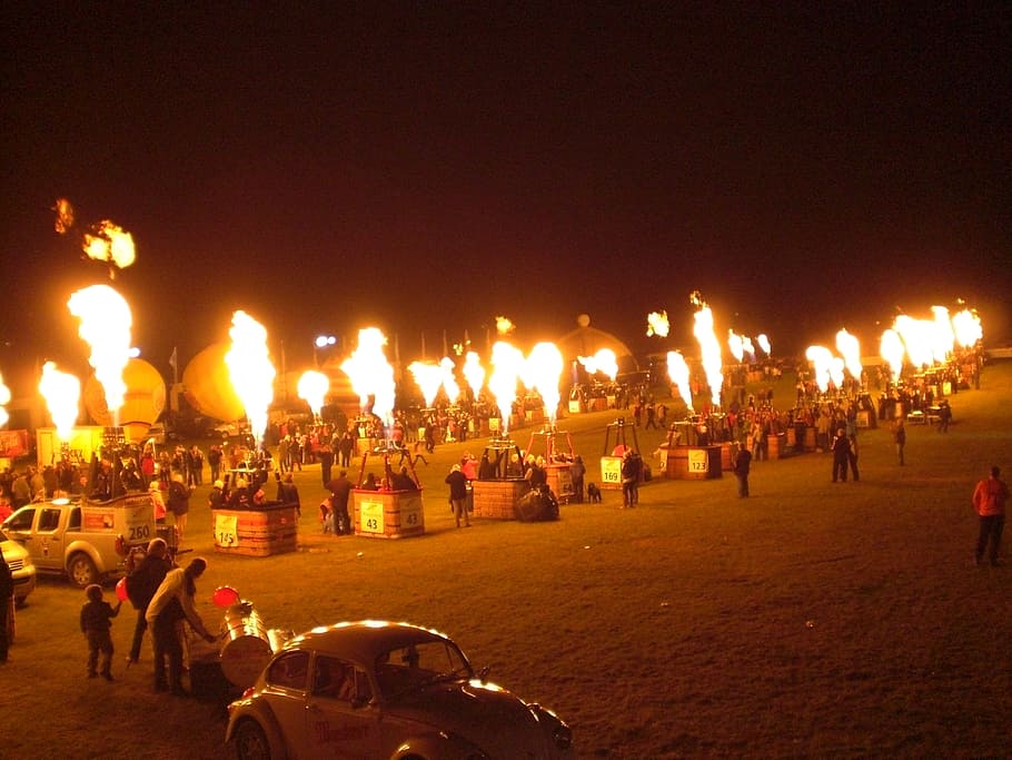 fire, flame, darting flame, hot, night, balloon basket, hot air balloon HD wallpaper