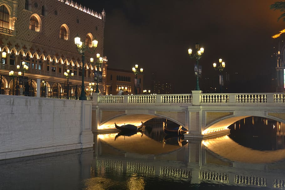bridge, water, canal, lights, roman, romantic, river, macao, HD wallpaper
