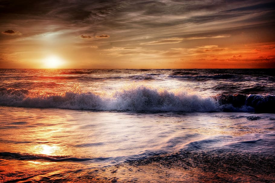 photo of seashore during golden hour, sun, beach, sunset, romance HD wallpaper
