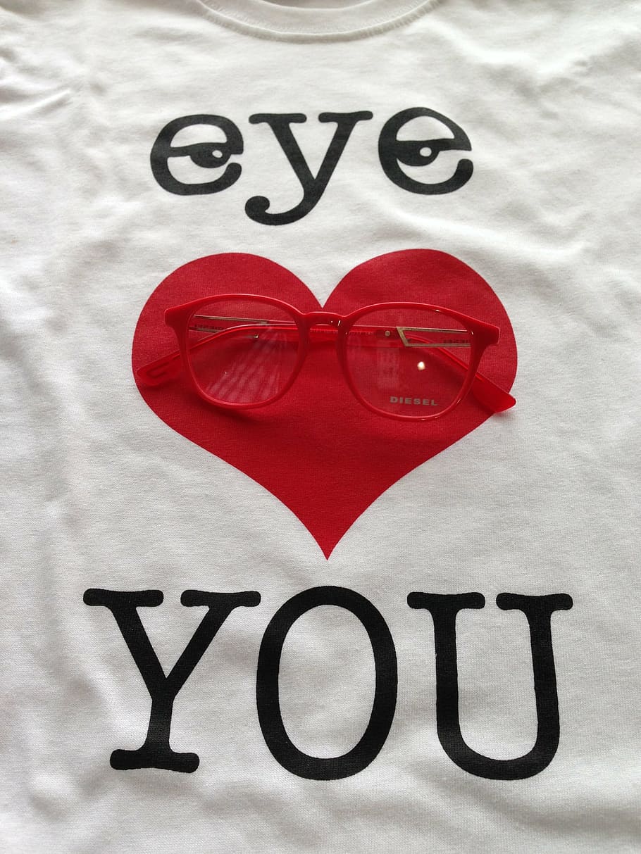 t-shirt, print, heart, glasses, love, design, red, cute, heart shape