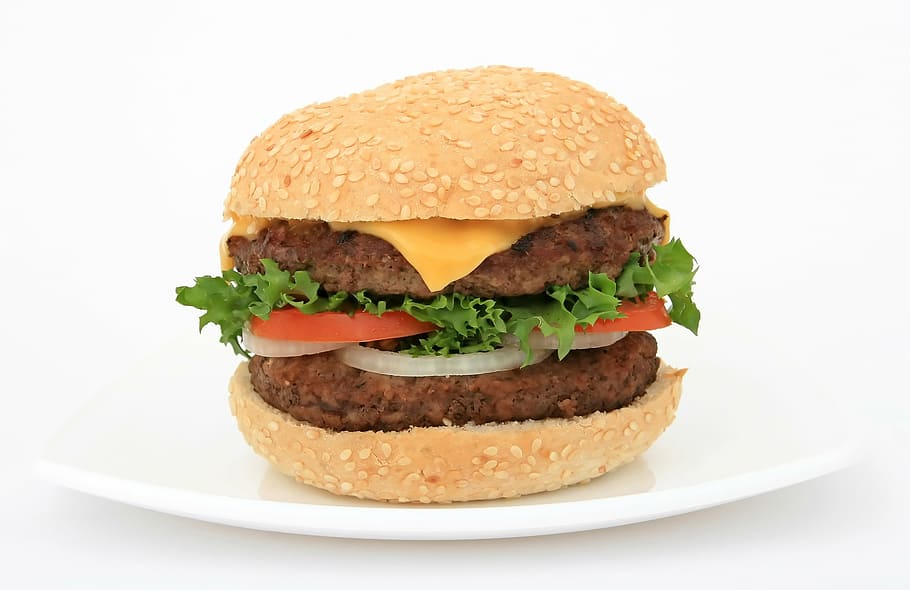 patty burger on white plate, appetite, beef, big, bread, bun