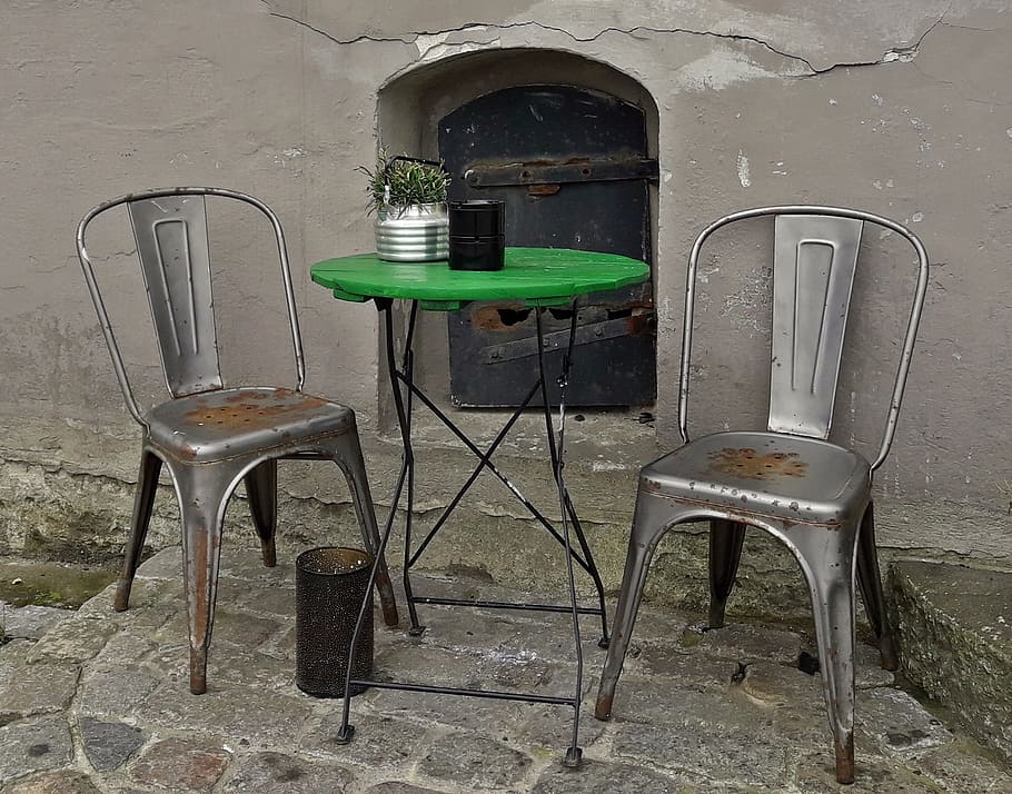 sit, rusty, seat, metallic, chairs, old, wall, empty, absence HD wallpaper