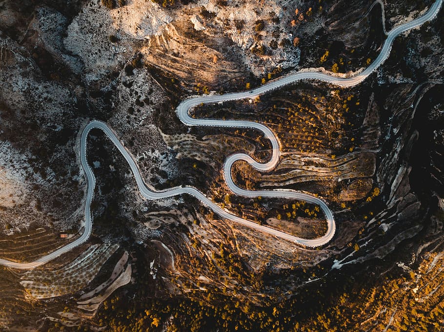 aerial photography of road, aerial photography of road on mountain cliff, HD wallpaper