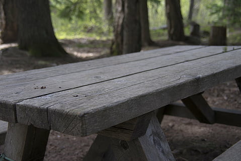 gray wooden picnic bench on gray soil, table, picnic table HD wallpaper